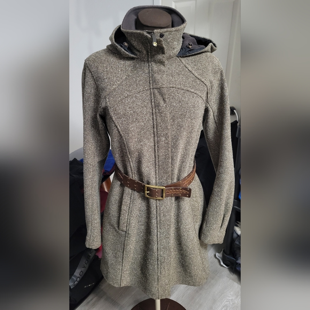 Small Lululemon Midi Brown Tweed Belted Jacket With Hood